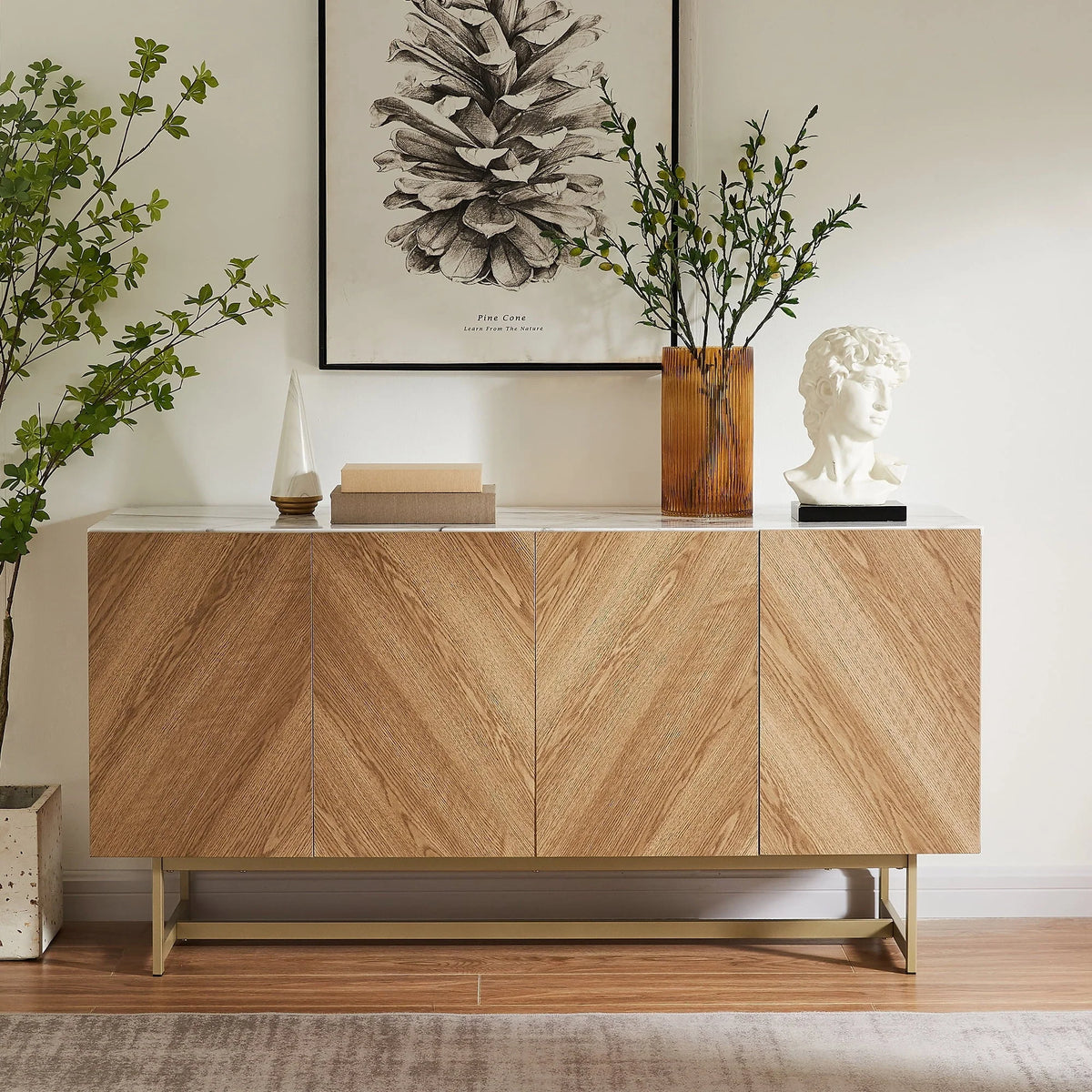 Roomfitters 57�?mid Century Modern TV Stand, Herringbone Pattern Buffet Cabinet Sideboard Credenza, Marble Top Media Console Entertainment Center for