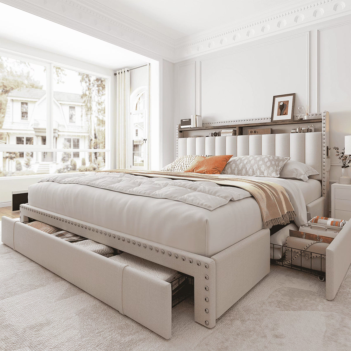 Enhomee Queen Bed Frame with 3 Storage Drawers Upholstered Queen Size Bed Frame with Headboard Noise Free Platform Bed with Metal Frame & Wood Slats